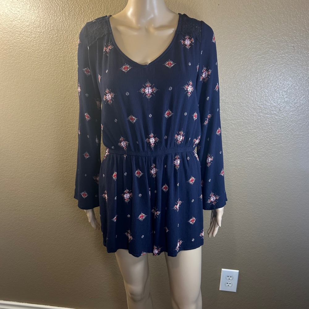 Mudd Womens Navy Blue Geometric Print Long Bell Sleeve Romper Size Medium Rayon